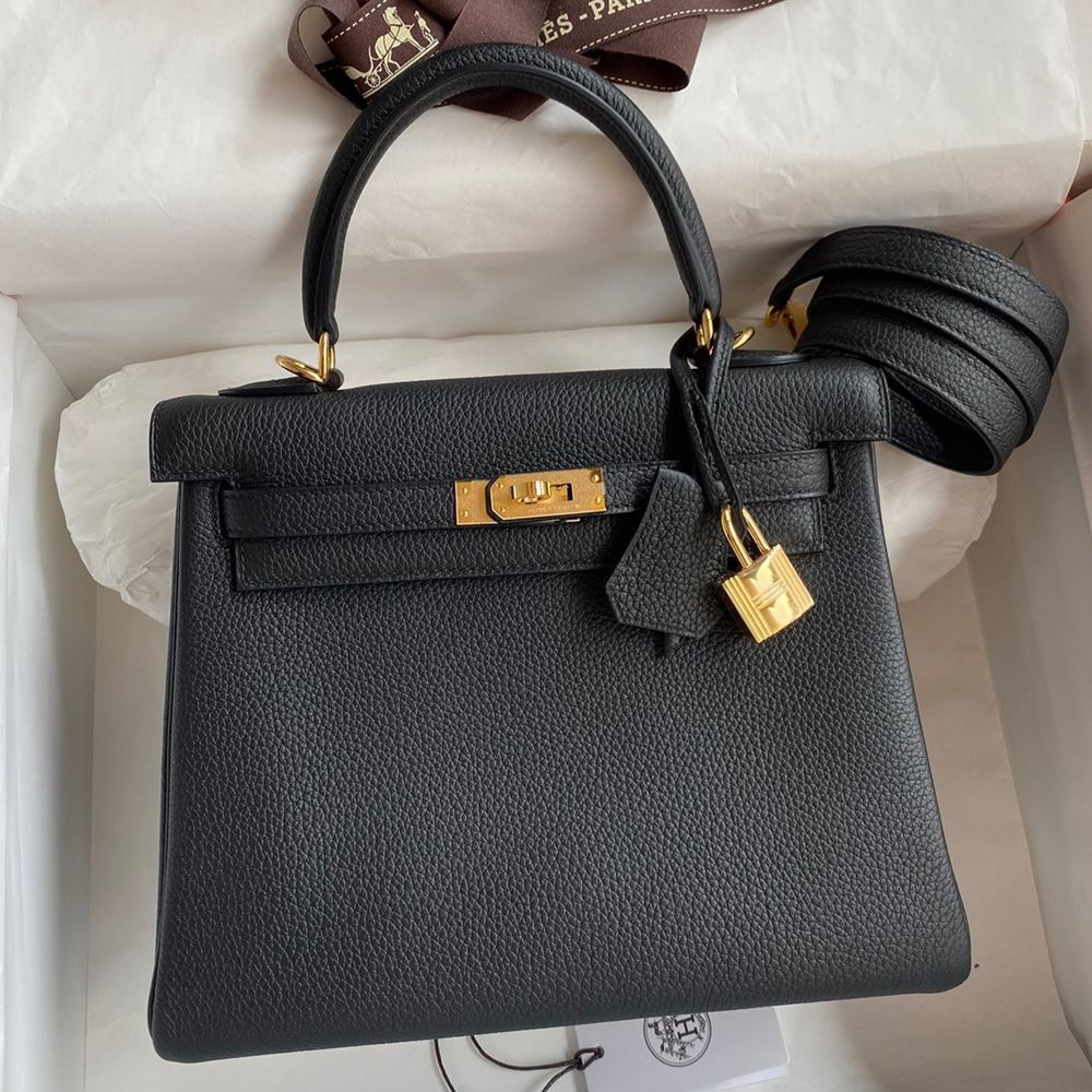 Hermes Kelly Retourne 25 Handmade Bag In Black Clemence Leather  TDBS27120